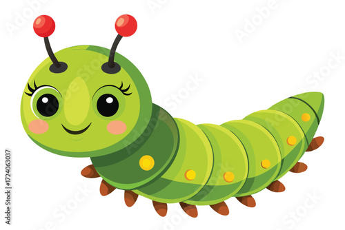 Smiling cartoon green caterpillar with red antennae and cute features crawls on a white backdrop