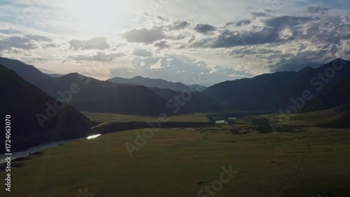 Aerial view of the valley with the river between the mountains