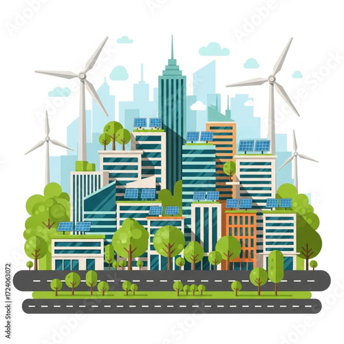 A vibrant illustration of a futuristic eco-friendly city powered by wind turbines and solar panels, showcasing sustainable urban development with lush greenery.