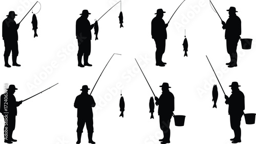 Fishing silhouette illustration set, catch and display poses, black vector graphic for outdoor sport, nature hobby, and recreational themes