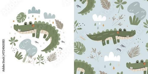 Children's set of poster and seamless pattern with cute crocodiles.
