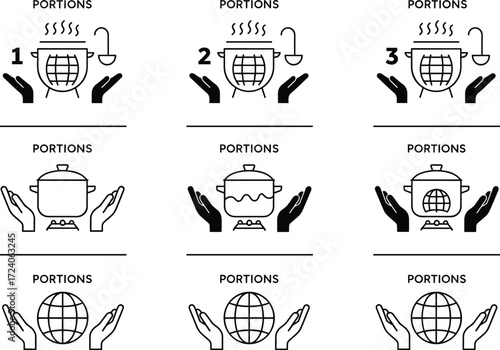 Global Food Portion Icon Set Featuring Cooking Pots, Hands, and Globe Symbols for Nutrition, Sharing, Education, and Editorial Design Use