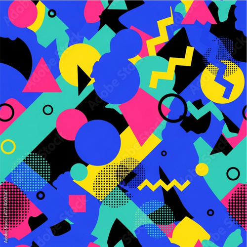 A vibrant and chaotic abstract pattern featuring geometric shapes like triangles, circles, and zigzags in bold colors of blue, yellow, pink, and teal.