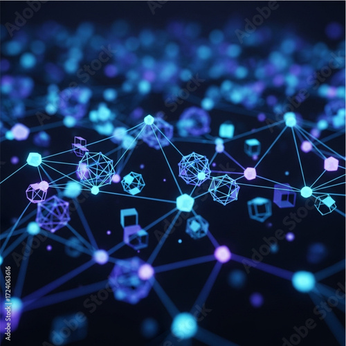 Abstract digital network of glowing geometric shapes and nodes connected by lines, representing data flow and connectivity in a futuristic technological landscape.