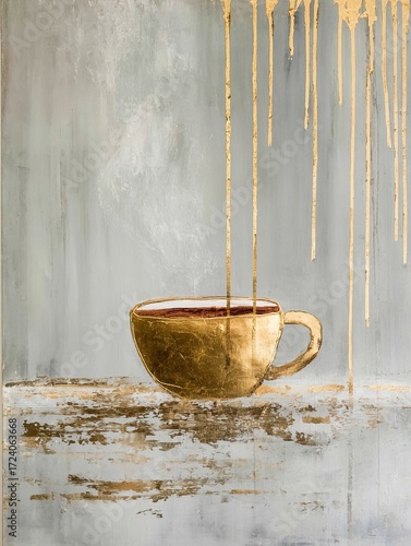 Golden cup artwork with dripping paint on textured gray background, perfect for modern decor