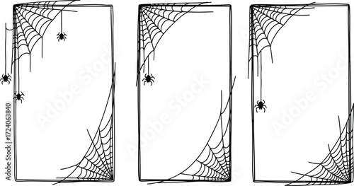Spooky halloween frames with cobwebs and spiders decorative borders vector