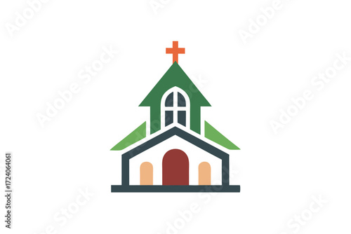 Minimalist church shows red cross atop green pointed roof and arched dark gray window