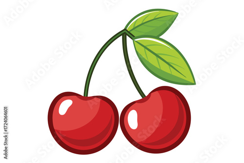 Two stylized red cherries hang together with two leaves in a scene