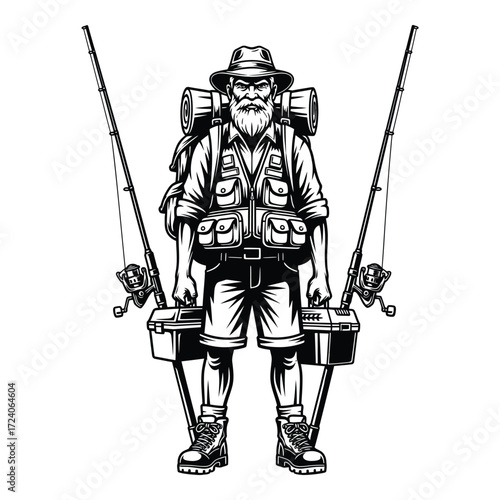 Vector art of fisherman with fishing rods and tackle boxes isolated on white background