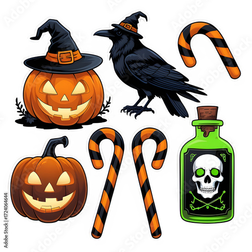 Halloween Sticker Sheet | Pumpkin with Witch Hat, Raven on Skull, Candy Canes & Potion Bottle | Vector Style with White Borders
