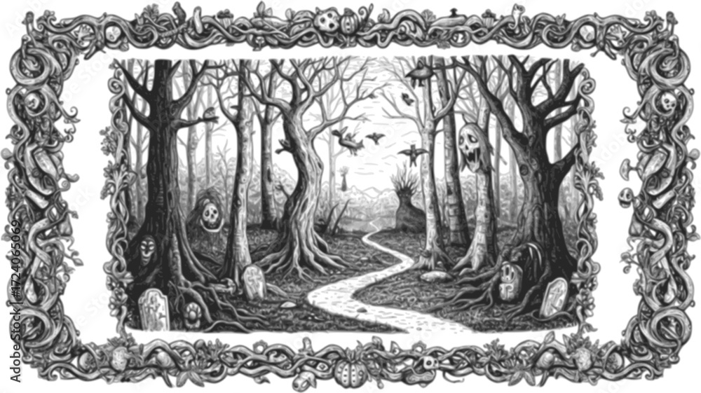 Obraz premium Hand drawn enchanted forest. Vector halloween black and white frame. High quality 