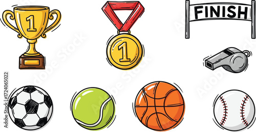 Sports equipment trophy medal whistle soccer tennis basketball baseball finish vector