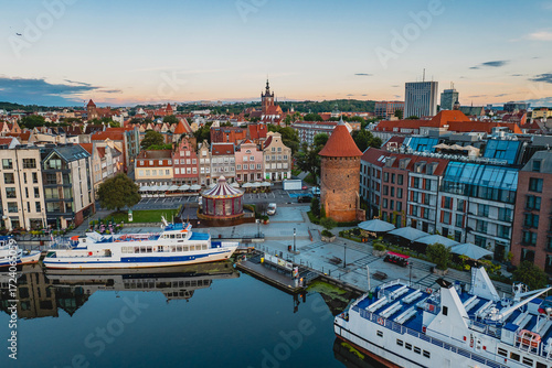 A view of the Fish Market in Gdańsk. A summer morning, seen from a drone.