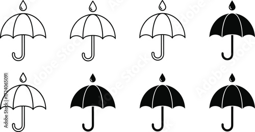 Umbrella Icon Set Featuring Raindrop Variations and Shading Styles for Weather, UI, Editorial, and Graphic Design Projects