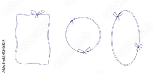 set of Scallop line frames whimsical style.Scallop border wavy line. Vector flat. Wavy line decorative whimsical border frames with bow.
