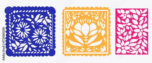 Mexican papel picado frame border set of frames  with flowers and leaves, arch design with flowers for dia de muertos celebrations.
