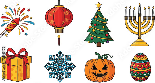 Collection of holiday symbols and celebrations icons festive design elements vector