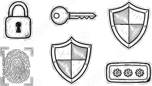 Security icons collection lock key shield fingerprint password protection symbols vector