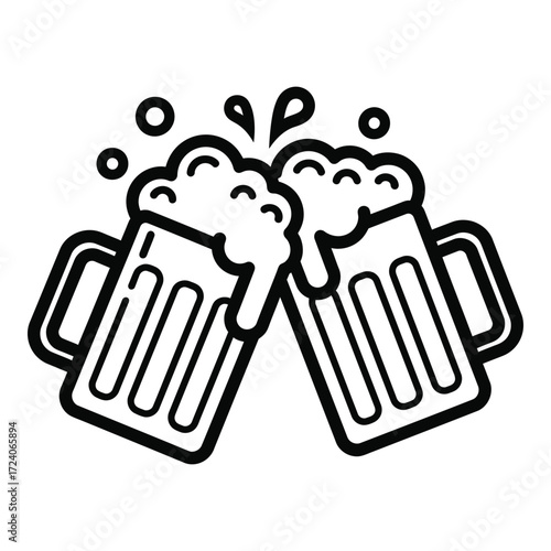 Vector art of two frothy beer mugs clinking together in celebration isolated on white background