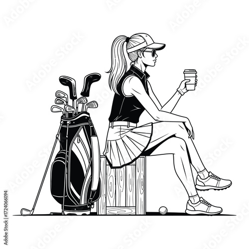 Vector art of woman golfer taking a break with coffee isolated on white background