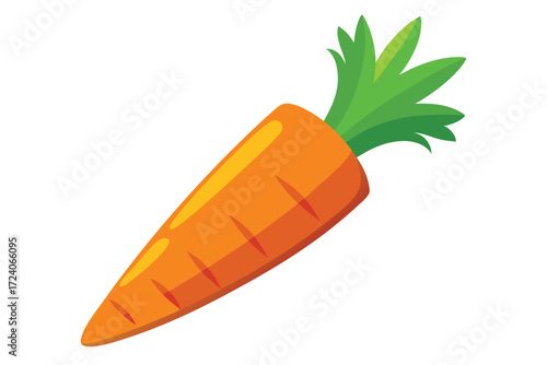 Cartoon carrot with green leaves shows simple, colorful vegetable food for kids