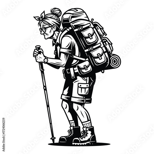 Vector art of an elderly woman is hiking with a backpack and walking stick