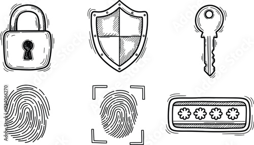 Security icons set lock shield key fingerprint password protection vector