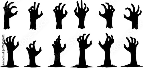 Halloween zombie hands silhouettes. Isolated vector set of spooky arms, sticking out of the ground, capturing eerie and chilling vibes, for creating a haunting atmosphere and adding a touch of horror