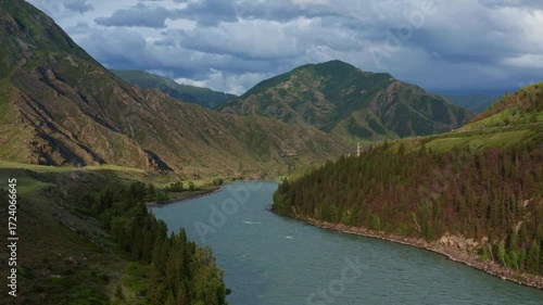 Aerial view of the valley with the river between the mountains