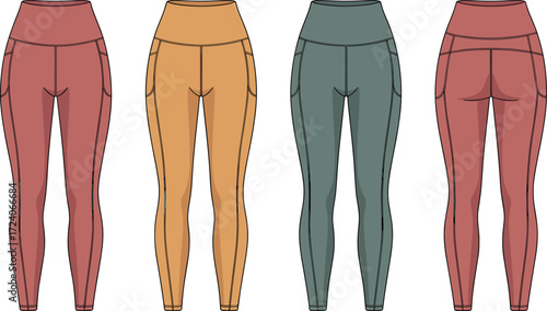 Leggings CAD drawing, women activewear flat sketch, yoga pants fashion template, technical clothing vector, garment design outline, apparel illustration, front and back view pattern