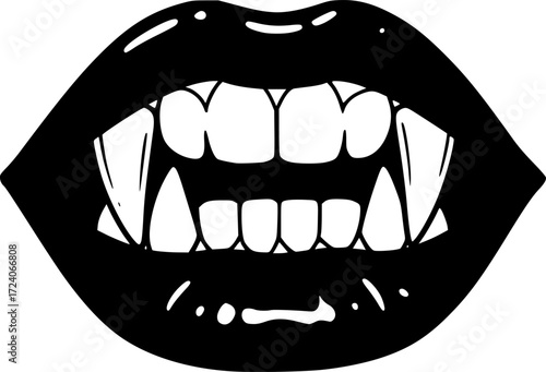 Vector illustration of vampire mouth with fangs in black and white drawing style
