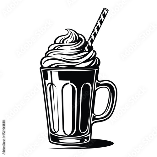 Vector art of a chocolate milkshake with whipped cream and a straw isolated on white background