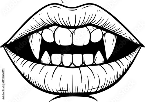 Vector illustration of vampire mouth with fangs in black and white drawing style
