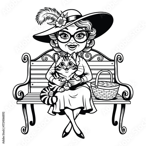 Vector art of grandmother with cat isolated on white background is sitting on bench