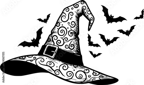 Black and white illustration of a witch's hat with bats for halloween decoration

