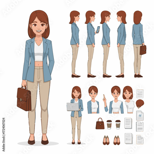 Young casual businesswoman character creation kit for animation. Includes front, side, and back views with body parts, gestures, and various poses. (2)