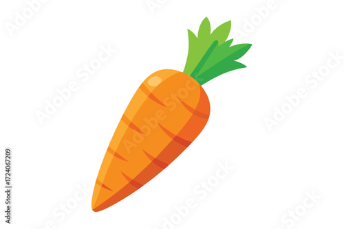 A singular orange carrot with leafy green top rests on a plain background