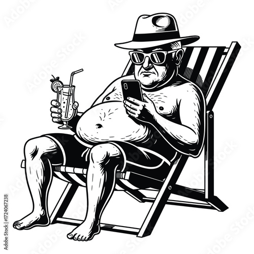 Vector art of man in a beach chair with a cocktail and phone isolated on white background