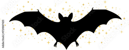 Halloween bat silhouette with sparkling stars on white, isolated background. Spooky vector graphic for autumn holiday decor, crafts, and seasonal design projects. High resolution 