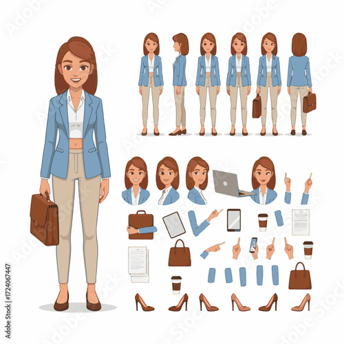 Young casual businesswoman character creation kit for animation. Includes front, side, and back views with body parts, gestures, and various poses. (2)