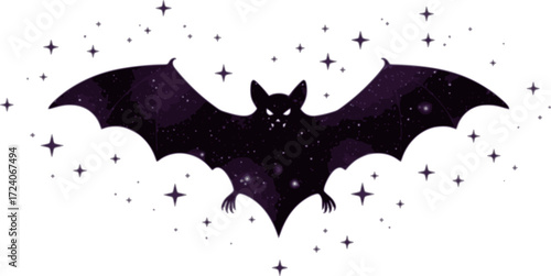 Halloween bat silhouette with sparkling stars on white, isolated background. Spooky vector graphic for autumn holiday decor, crafts, and seasonal design projects. High resolution 