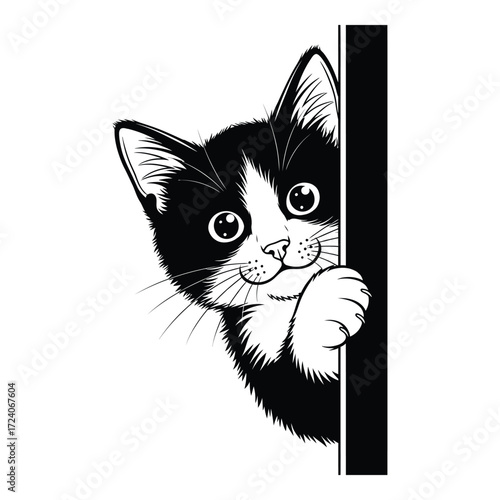 Vector art of black and white illustration of a kitten peeking around a corner