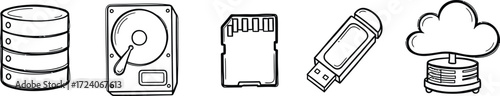 Digital storage devices icons set hand drawn sketch style vector