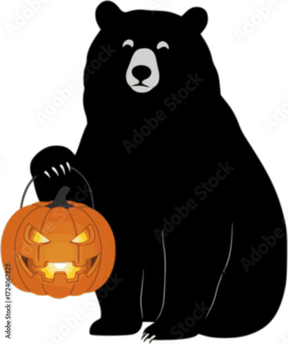 Silhouette of bear holding pumpkin lantern with spooky Halloween theme in minimal flat style, isolated black and white vector illustration
