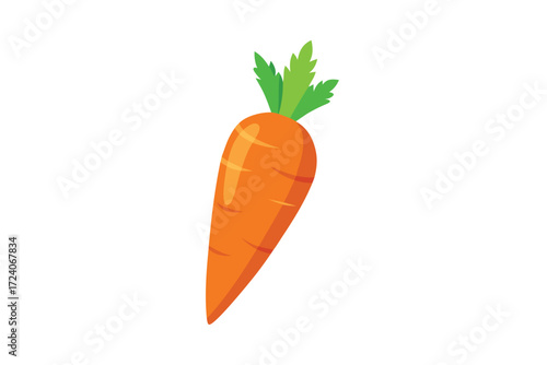 Isolated vibrant cartoon carrot displays its leafy greens and bold orange color against white