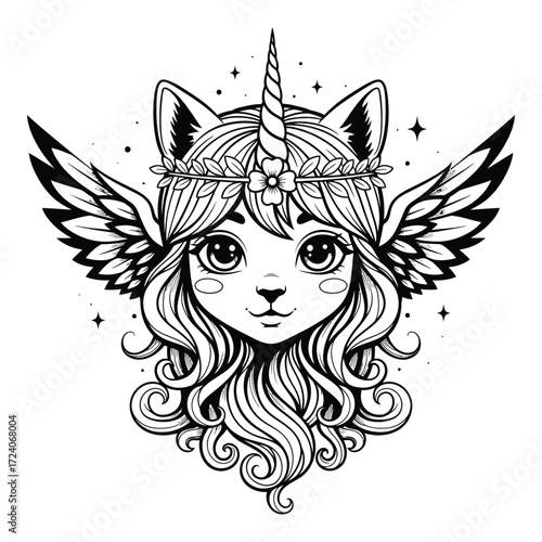 Vector art of cute unicorn cat with wings isolated on white background