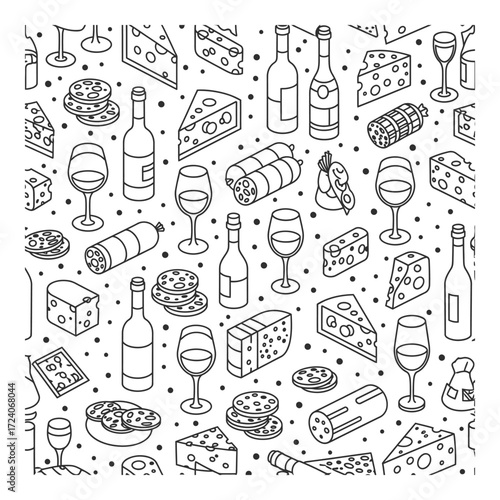 Vector art of seamless pattern of wine, cheese, and salami creates a culinary delight