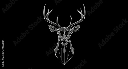 Low poly deer head with large antlers in grayscale against a stark black background illustration art