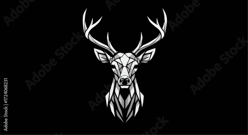 Stylized deer head with geometric patterns and large antlers on a black background image design art