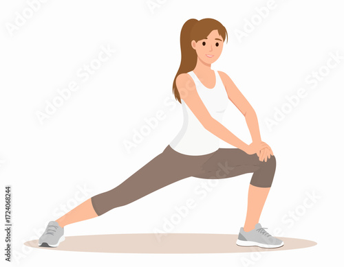 A woman in workout clothes is performing a lunge, focused on fitness and flexibility. The illustration showcases a healthy and active lifestyle.